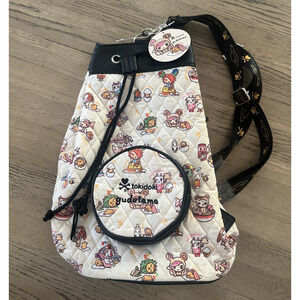 Tokidoki x Gudetama Beige Bucket Bag Quilted Backpack Nylon Straps Exclusive 15"